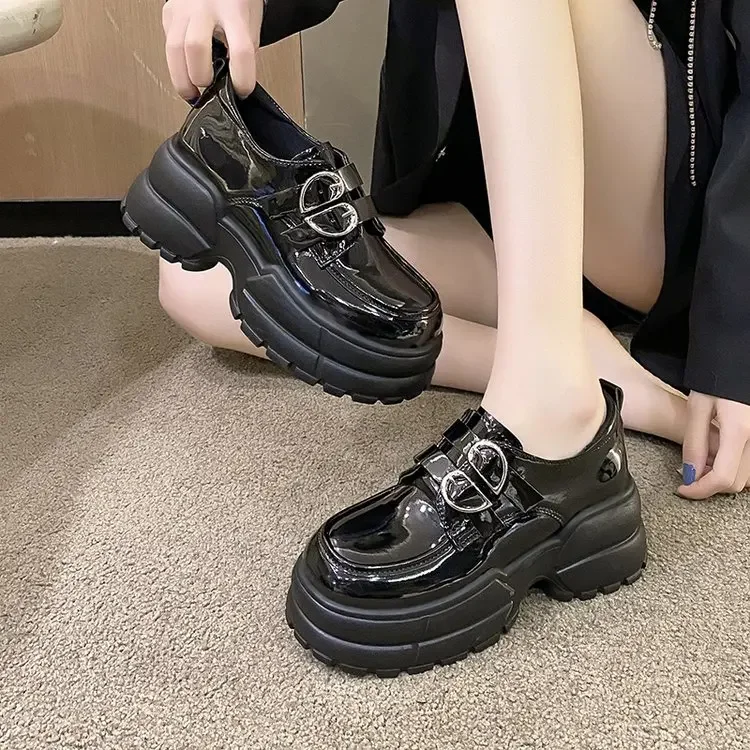 2025 Autumn Loafers Women High Platform 7CM Shoes Women's Thick Sole PU Leather British Metal Buckle Simple Mary Jane Shoes