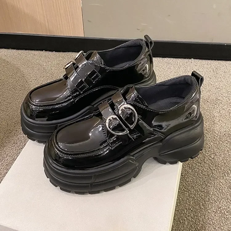 2025 Autumn Loafers Women High Platform 7CM Shoes Women's Thick Sole PU Leather British Metal Buckle Simple Mary Jane Shoes