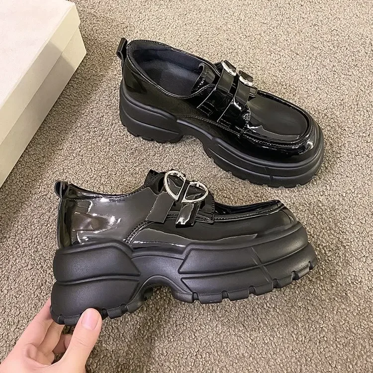 2025 Autumn Loafers Women High Platform 7CM Shoes Women's Thick Sole PU Leather British Metal Buckle Simple Mary Jane Shoes