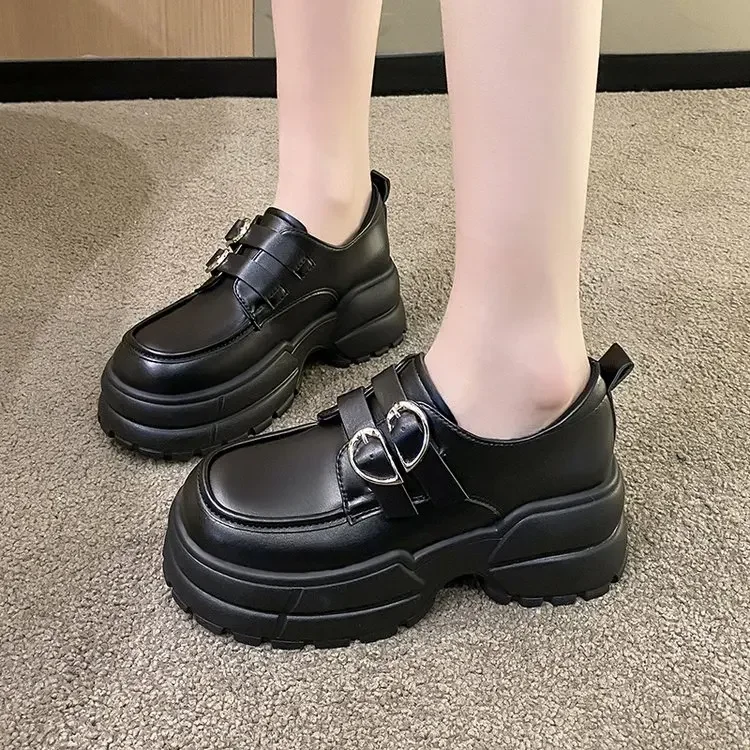 2025 Autumn Loafers Women High Platform 7CM Shoes Women's Thick Sole PU Leather British Metal Buckle Simple Mary Jane Shoes