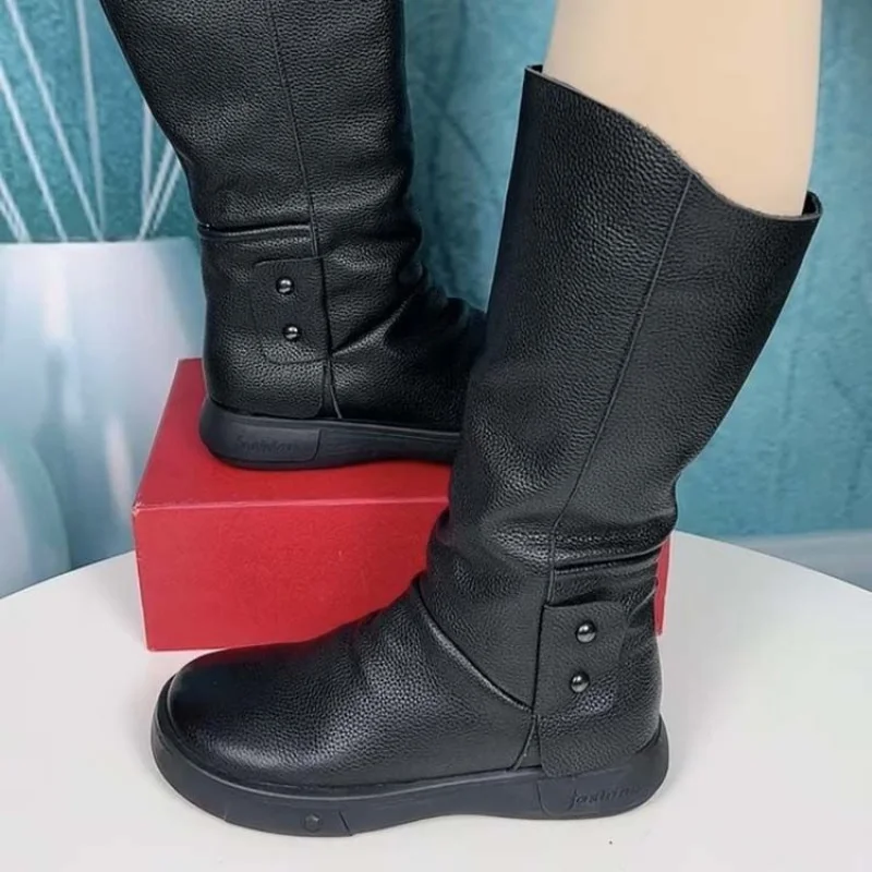 Autumn and Winter New British Style Soft Leather Mid-Calf Boots for Women with Fleece Lining and Warmth, Knight Boots