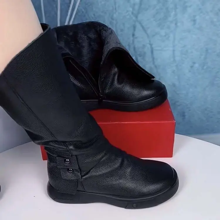 Autumn and Winter New British Style Soft Leather Mid-Calf Boots for Women with Fleece Lining and Warmth, Knight Boots