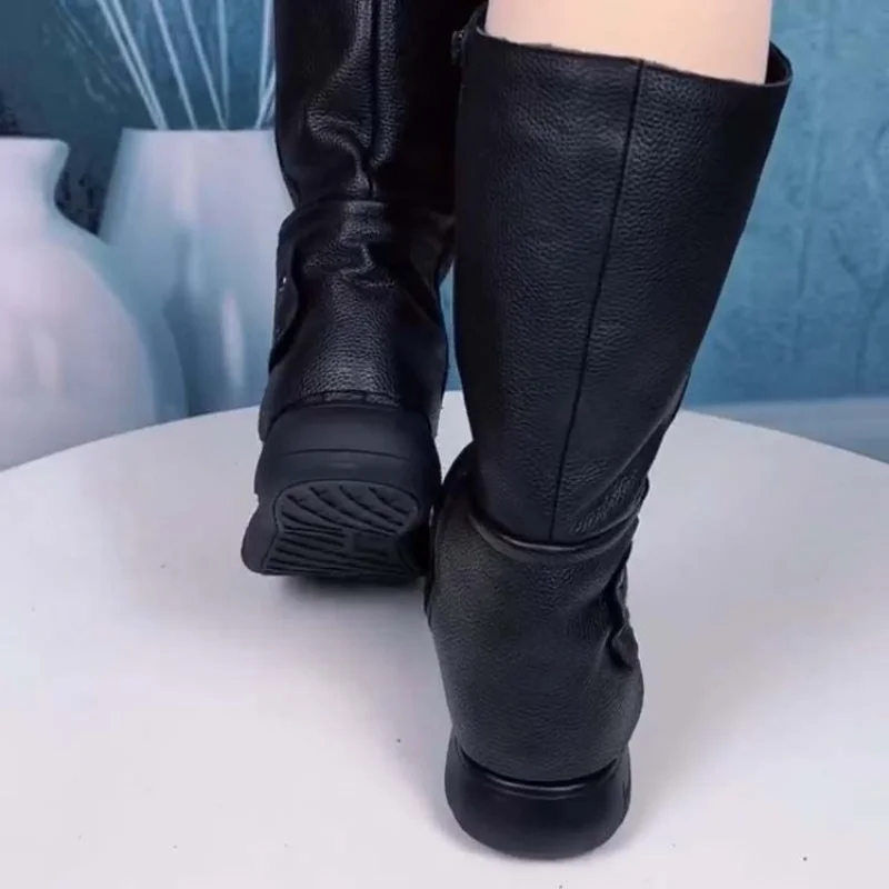 Autumn and Winter New British Style Soft Leather Mid-Calf Boots for Women with Fleece Lining and Warmth, Knight Boots