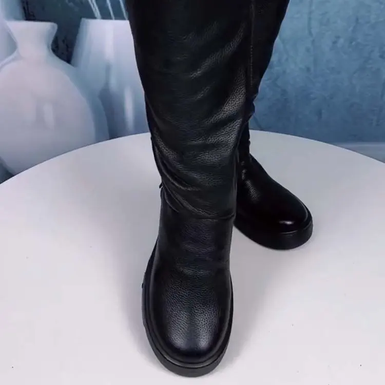 Autumn and Winter New British Style Soft Leather Mid-Calf Boots for Women with Fleece Lining and Warmth, Knight Boots