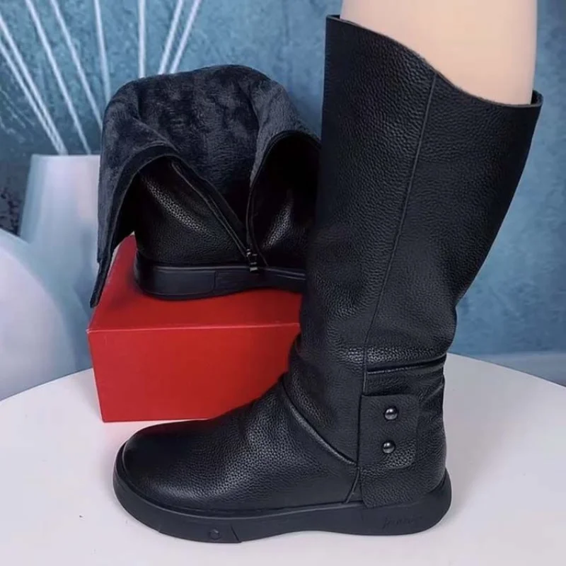 Autumn and Winter New British Style Soft Leather Mid-Calf Boots for Women with Fleece Lining and Warmth, Knight Boots