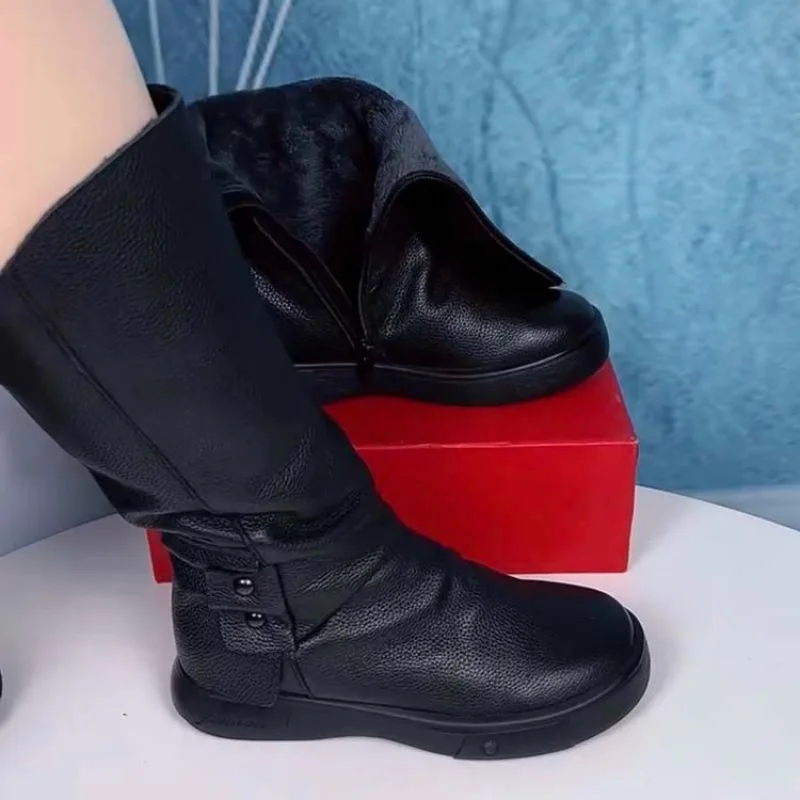 Autumn and Winter New British Style Soft Leather Mid-Calf Boots for Women with Fleece Lining and Warmth, Knight Boots