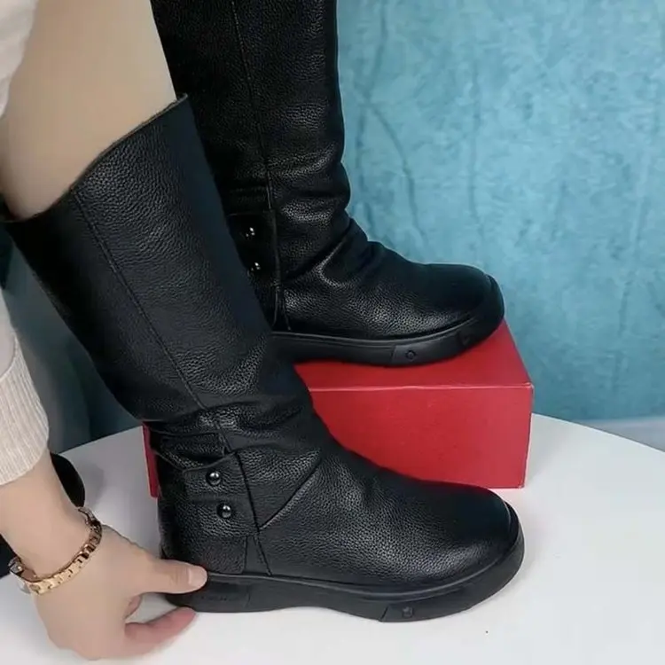 Autumn and Winter New British Style Soft Leather Mid-Calf Boots for Women with Fleece Lining and Warmth, Knight Boots