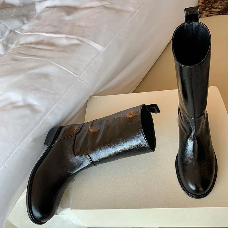 Black Western Punk Mid Calf Shoes For Woman Women’s Boots Half High Round Toe Quality On Offer Comfortable Goth Footwear Black Western Punk Mid Calf Shoes For Woman Women's Boots Half High Round Toe Quality On Offer Comfortable Goth Footwear