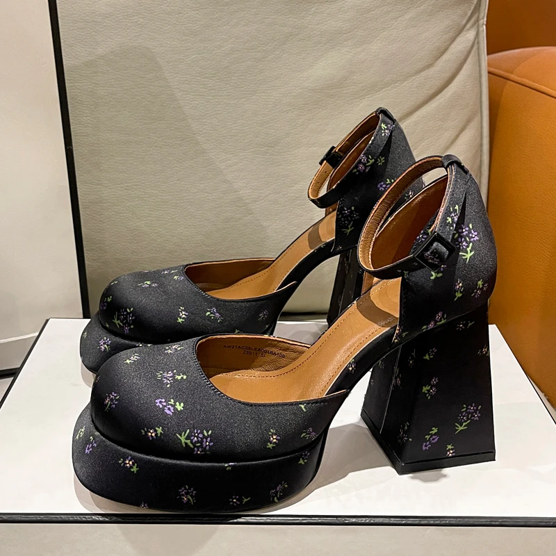 Luxury Flower Print Satin Silk Platform Mary Janes Women 90mm High Heel Ankle Strap Pumps Ladies Trendy Brand Shoes Luxury Flower Print Satin Silk Platform Mary Janes Women 90mm High Heel Ankle Strap Pumps Ladies Trendy Brand Shoes
