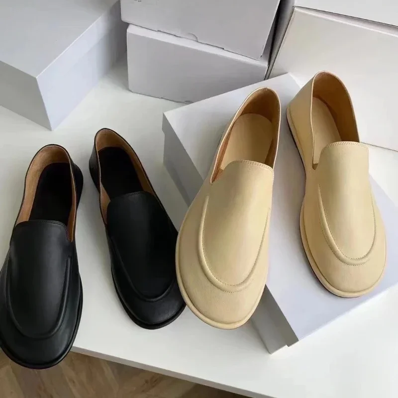 Loafers Women's Shoes 2025 New Spring Round Toe Slip-on Small Leather Shoes Casual Soft Leather Flat Mules