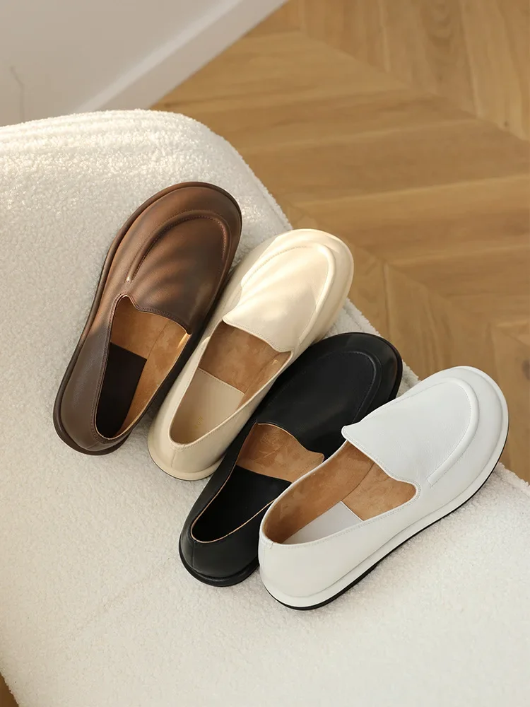 Loafers Women's Shoes 2025 New Spring Round Toe Slip-on Small Leather Shoes Casual Soft Leather Flat Mules