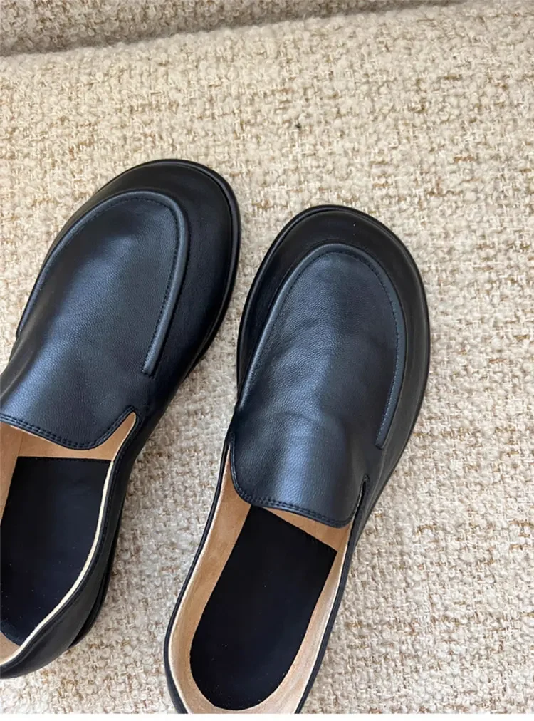 Loafers Women's Shoes 2025 New Spring Round Toe Slip-on Small Leather Shoes Casual Soft Leather Flat Mules