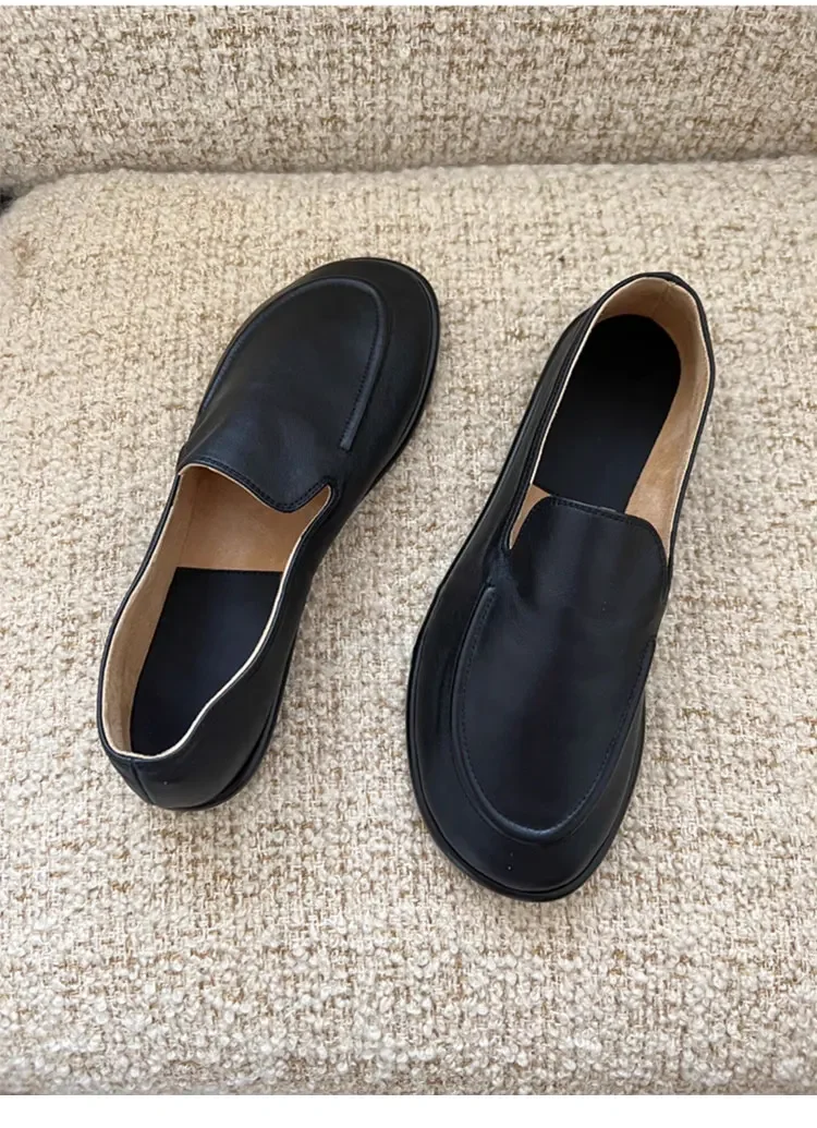 Loafers Women's Shoes 2025 New Spring Round Toe Slip-on Small Leather Shoes Casual Soft Leather Flat Mules