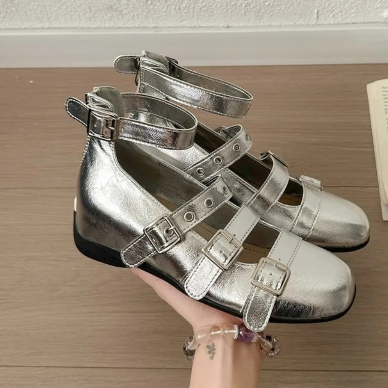 Fashion Inner Heightened Single Shoes Autumn New Square Toe Shallow Mouth Metal Buckle One-band Soft Sole Kitten Heel Shoes