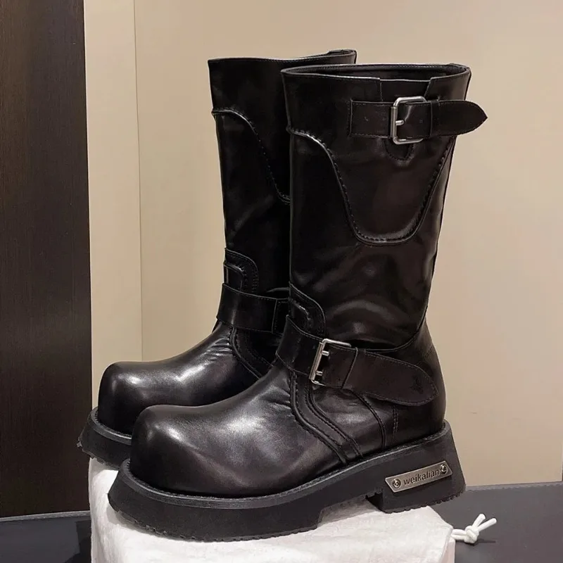 Women's Punk Motorcycle Boots Street Black Big Toe Platform Square Heels Mid-calf Boots Buckle Belt Shoes