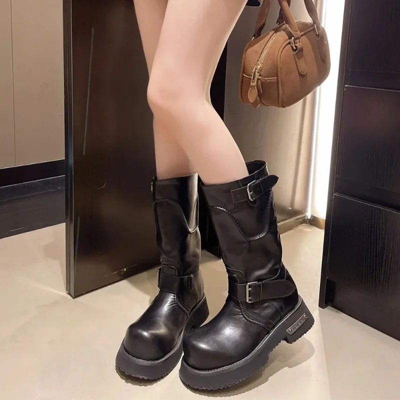 Women's Punk Motorcycle Boots Street Black Big Toe Platform Square Heels Mid-calf Boots Buckle Belt Shoes