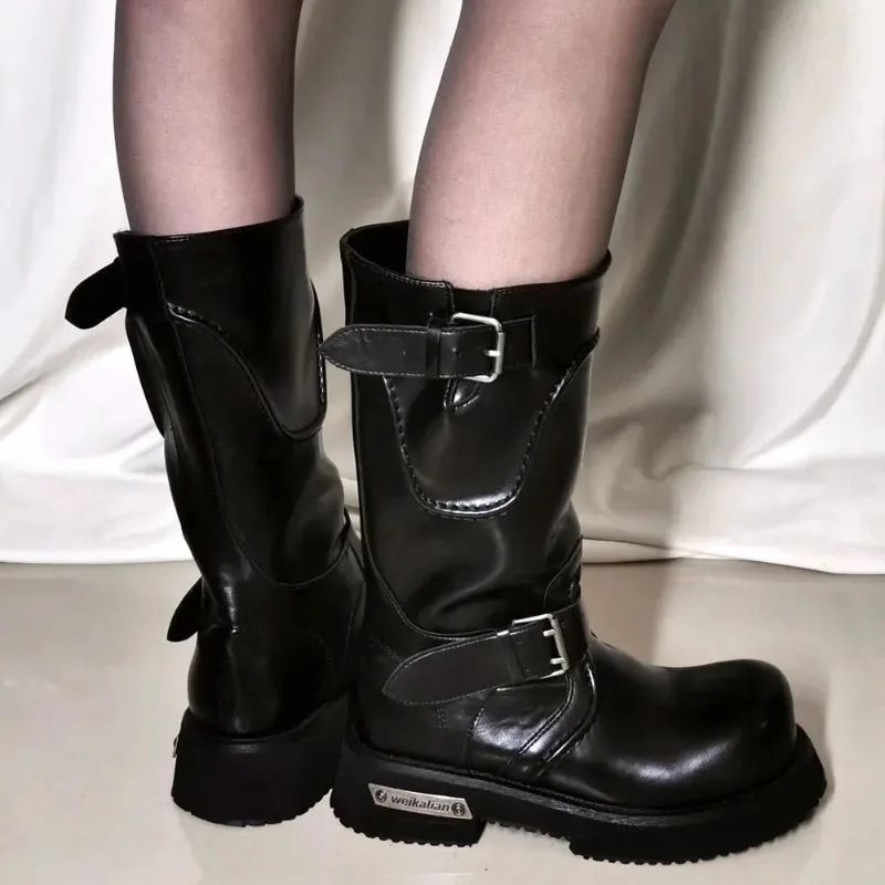 Women's Punk Motorcycle Boots Street Black Big Toe Platform Square Heels Mid-calf Boots Buckle Belt Shoes