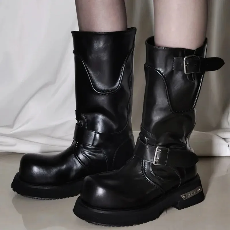 Women's Punk Motorcycle Boots Street Black Big Toe Platform Square Heels Mid-calf Boots Buckle Belt Shoes