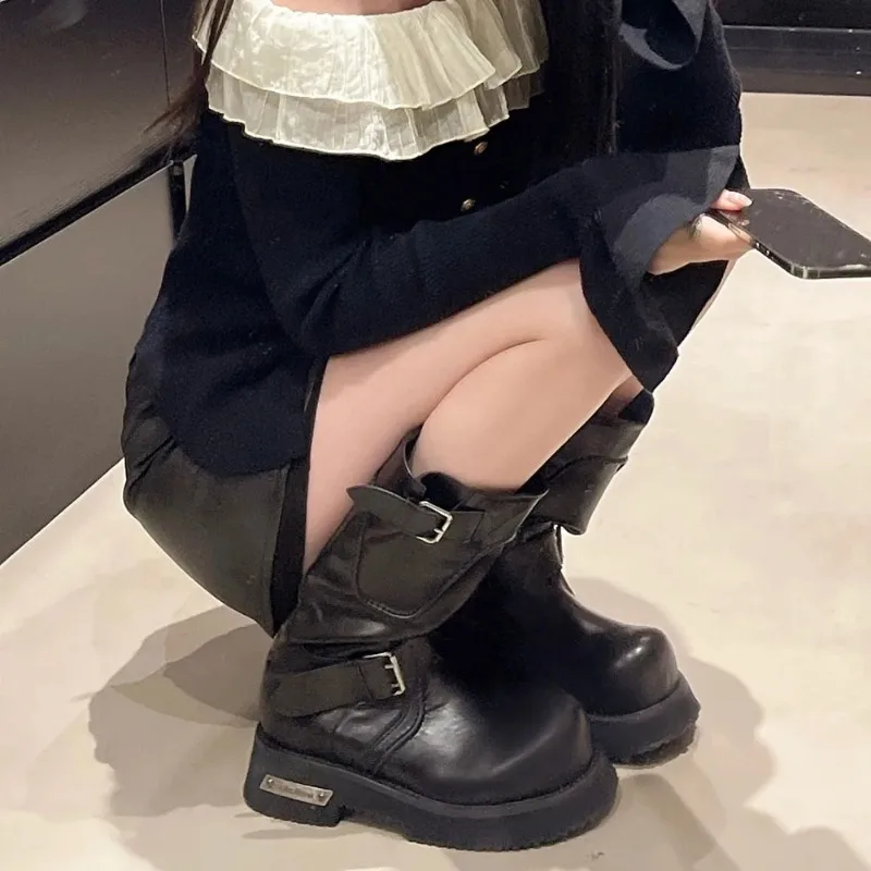 Women's Punk Motorcycle Boots Street Black Big Toe Platform Square Heels Mid-calf Boots Buckle Belt Shoes