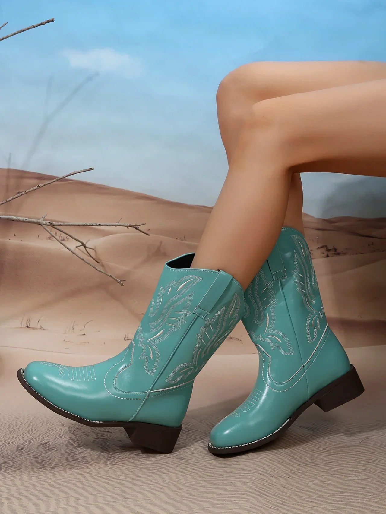 Large Size Embroidered Western Cowboy Boots Women's Autumn Winter V-notch Chunky Heel Short Boots Pure Color Totem