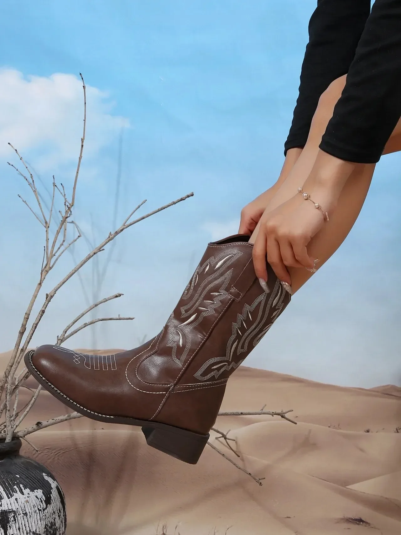 Large Size Embroidered Western Cowboy Boots Women's Autumn Winter V-notch Chunky Heel Short Boots Pure Color Totem