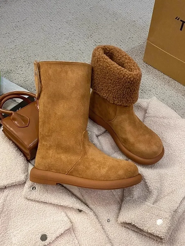 Warm Fleece Lined Pure Leather Flat Heel Mid-Calf Snow Boots Women's Winter Booties Comfortable Rubber Sole Round Toe Booties