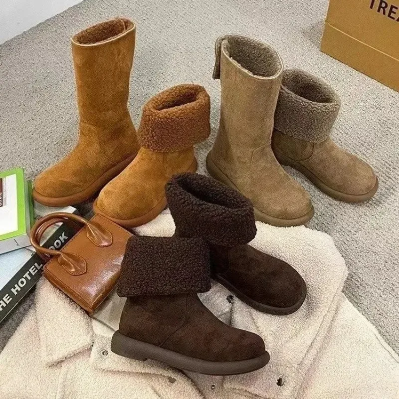 Warm Fleece Lined Pure Leather Flat Heel Mid-Calf Snow Boots Women's Winter Booties Comfortable Rubber Sole Round Toe Booties
