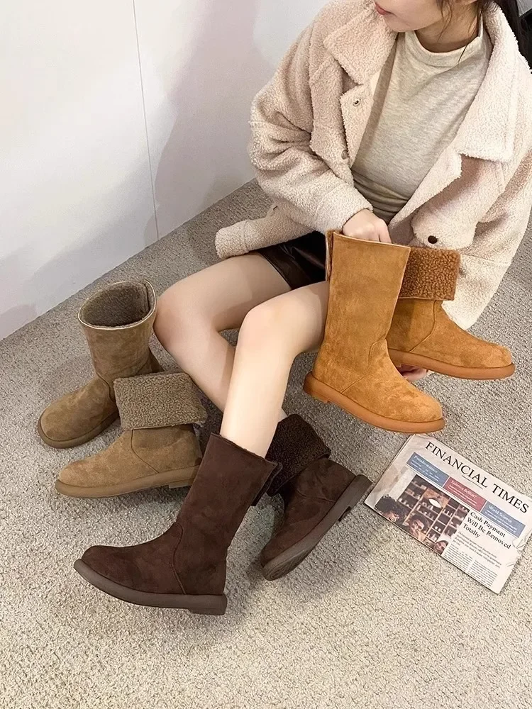 Warm Fleece Lined Pure Leather Flat Heel Mid-Calf Snow Boots Women's Winter Booties Comfortable Rubber Sole Round Toe Booties