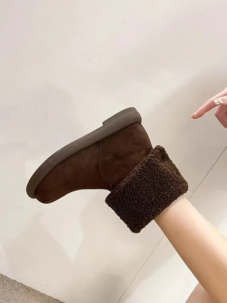 Warm Fleece Lined Pure Leather Flat Heel Mid-Calf Snow Boots Women's Winter Booties Comfortable Rubber Sole Round Toe Booties Warm Fleece Lined Pure Leather Flat Heel Mid-Calf Snow Boots Women's Winter Booties Comfortable Rubber Sole Round Toe Booties
