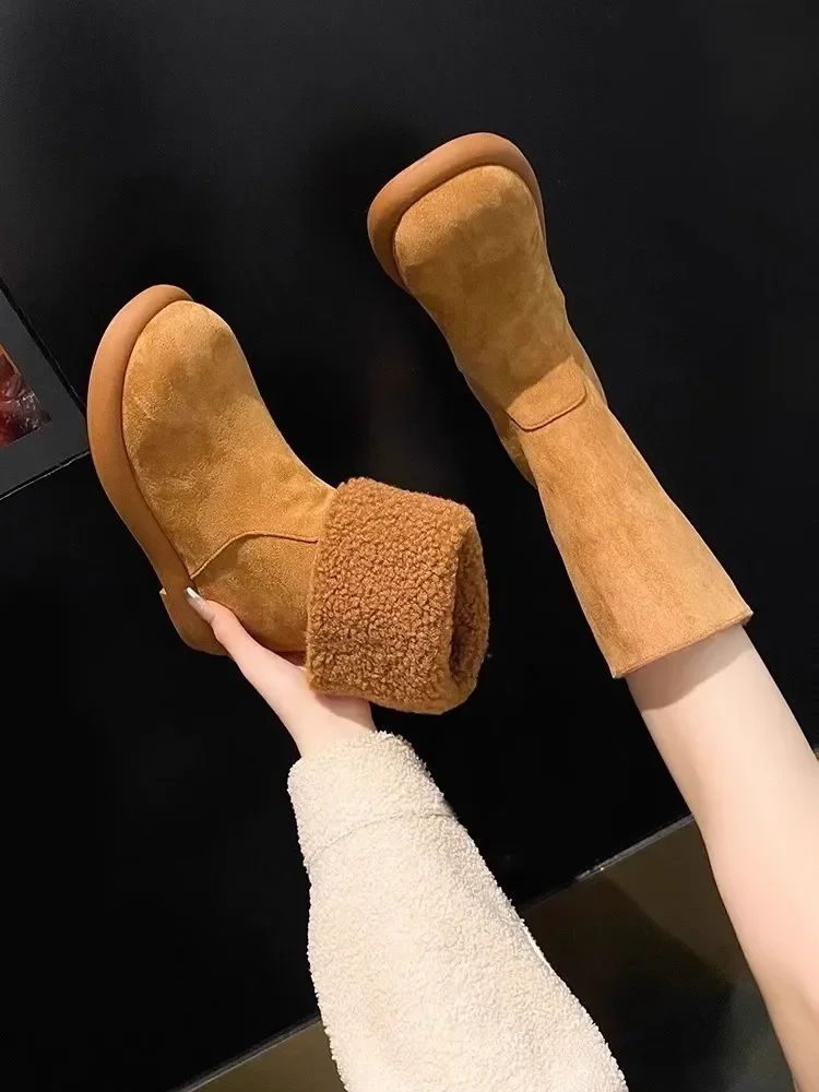 Warm Fleece Lined Pure Leather Flat Heel Mid-Calf Snow Boots Women's Winter Booties Comfortable Rubber Sole Round Toe Booties