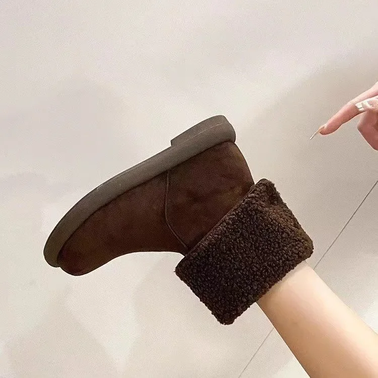Warm Fleece Lined Pure Leather Flat Heel Mid-Calf Snow Boots Women's Winter Booties Comfortable Rubber Sole Round Toe Booties
