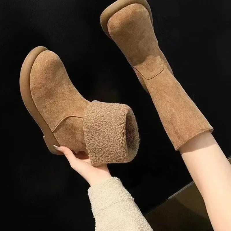 Warm Fleece Lined Pure Leather Flat Heel Mid-Calf Snow Boots Women's Winter Booties Comfortable Rubber Sole Round Toe Booties