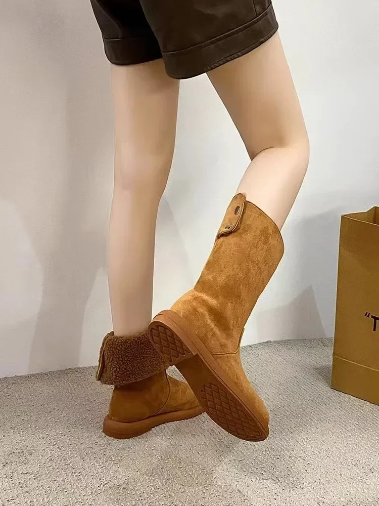 Warm Fleece Lined Pure Leather Flat Heel Mid-Calf Snow Boots Women's Winter Booties Comfortable Rubber Sole Round Toe Booties