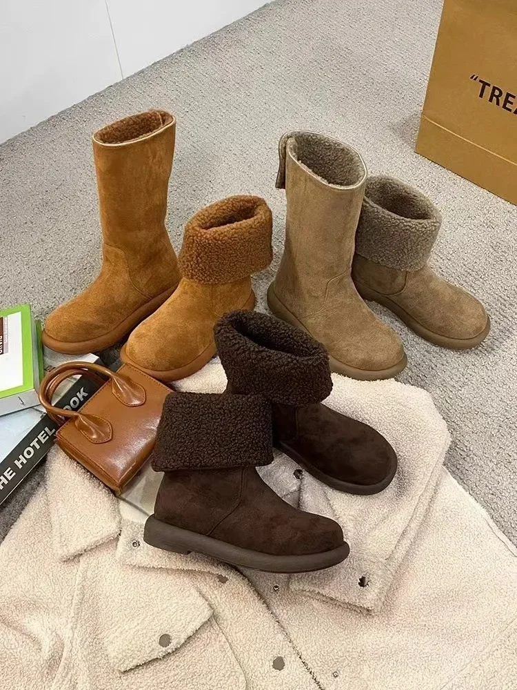 Warm Fleece Lined Pure Leather Flat Heel Mid-Calf Snow Boots Women's Winter Booties Comfortable Rubber Sole Round Toe Booties