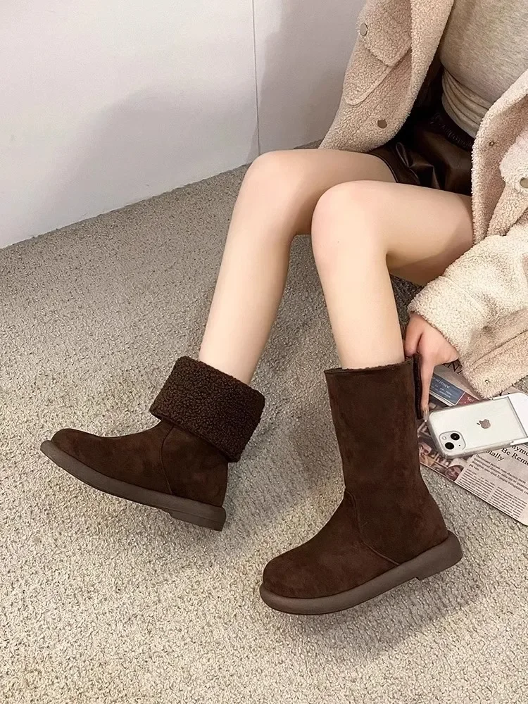 Warm Fleece Lined Pure Leather Flat Heel Mid-Calf Snow Boots Women's Winter Booties Comfortable Rubber Sole Round Toe Booties