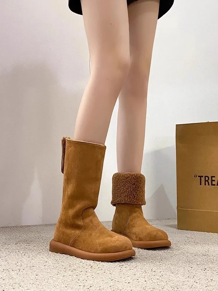 Warm Fleece Lined Pure Leather Flat Heel Mid-Calf Snow Boots Women's Winter Booties Comfortable Rubber Sole Round Toe Booties