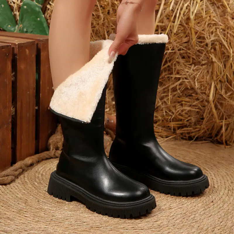 Warm Plush Black Leather Riding Boots Women Winter Thick Bottom Side Zip Knee High Boots Waterproof Woman Snow Boots Shoes