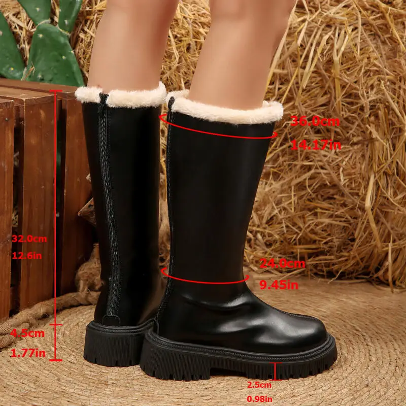 Warm Plush Black Leather Riding Boots Women Winter Thick Bottom Side Zip Knee High Boots Waterproof Woman Snow Boots Shoes