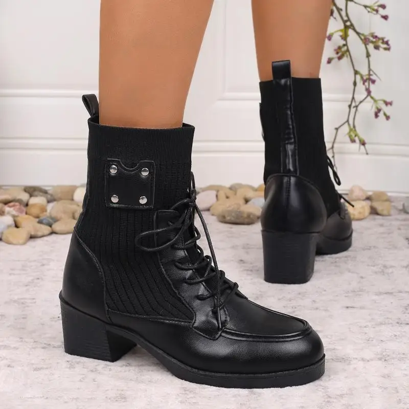 Vintage Metal Rivet Decoration Lace Up Ankle Boots Women Winter Round Toe Medium Heel Elastic Boots Elegant Solid Pu Shoes
