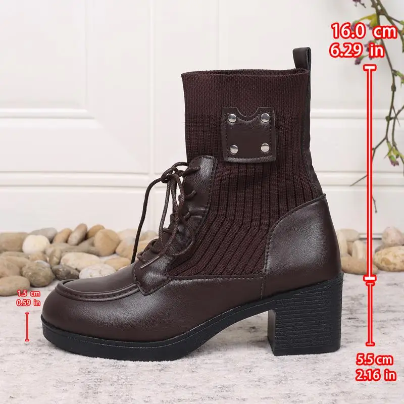 Vintage Metal Rivet Decoration Lace Up Ankle Boots Women Winter Round Toe Medium Heel Elastic Boots Elegant Solid Pu Shoes