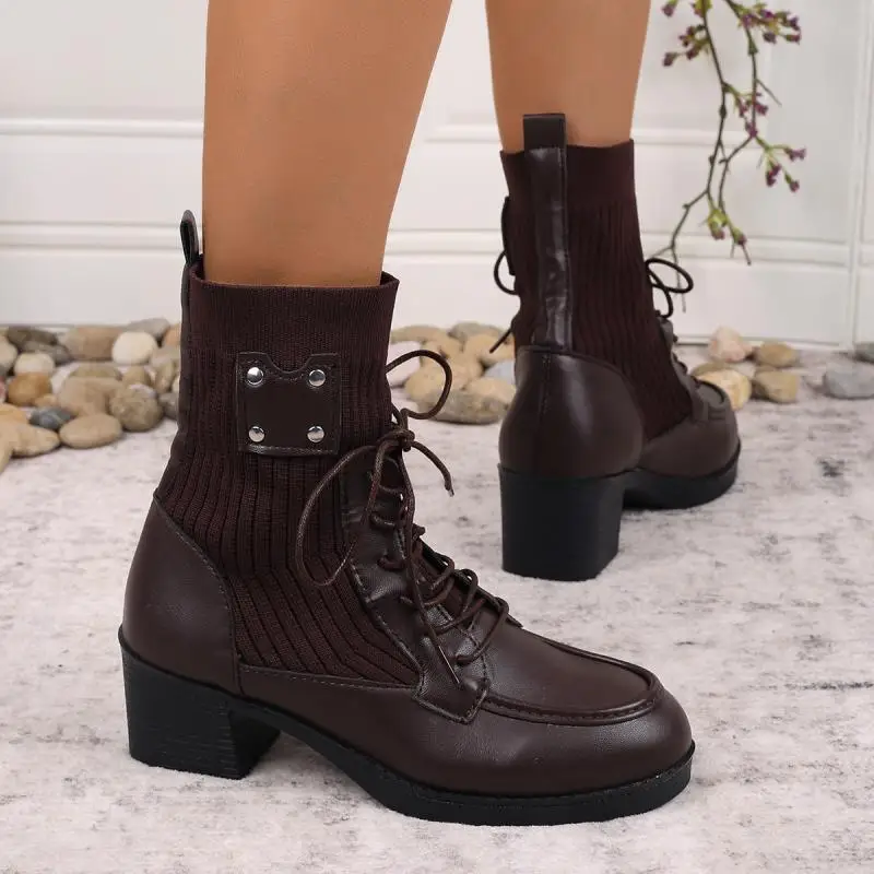 Vintage Metal Rivet Decoration Lace Up Ankle Boots Women Winter Round Toe Medium Heel Elastic Boots Elegant Solid Pu Shoes