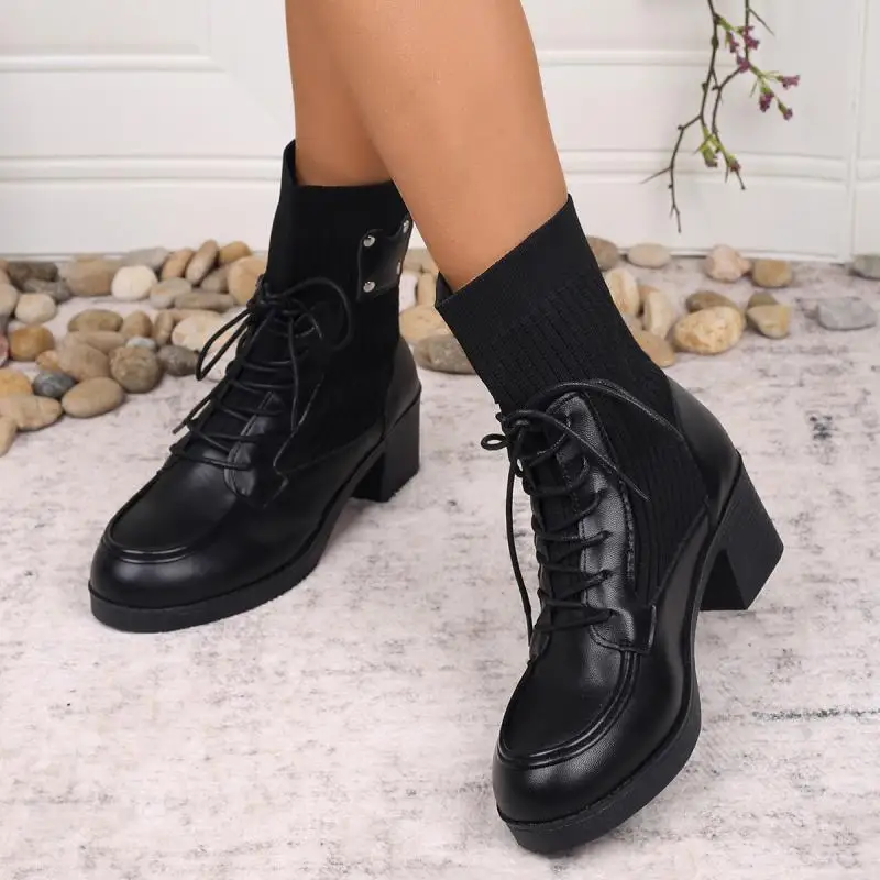 Vintage Metal Rivet Decoration Lace Up Ankle Boots Women Winter Round Toe Medium Heel Elastic Boots Elegant Solid Pu Shoes