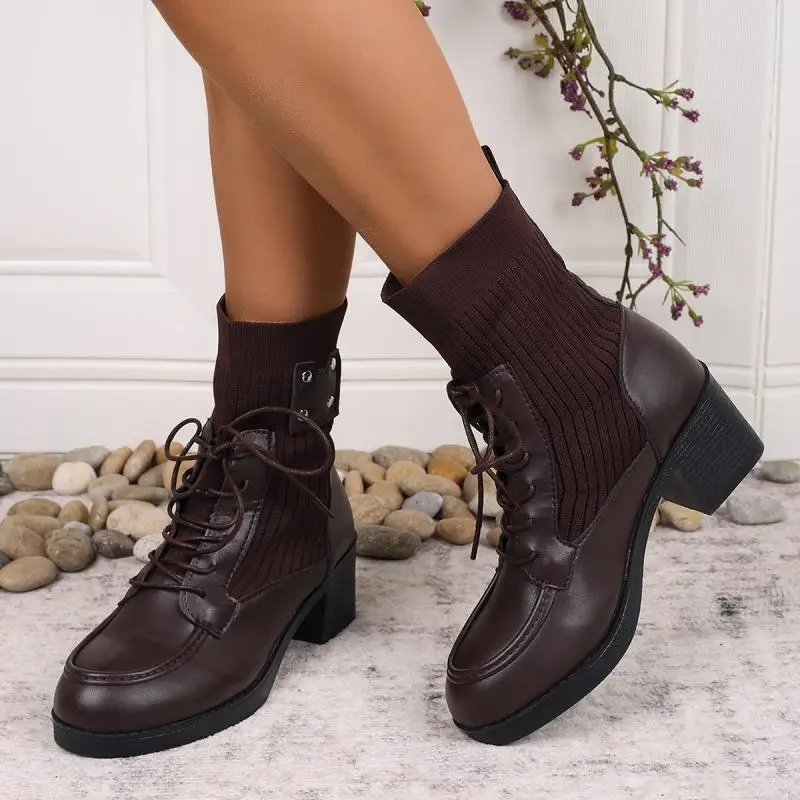 Vintage Metal Rivet Decoration Lace Up Ankle Boots Women Winter Round Toe Medium Heel Elastic Boots Elegant Solid Pu Shoes