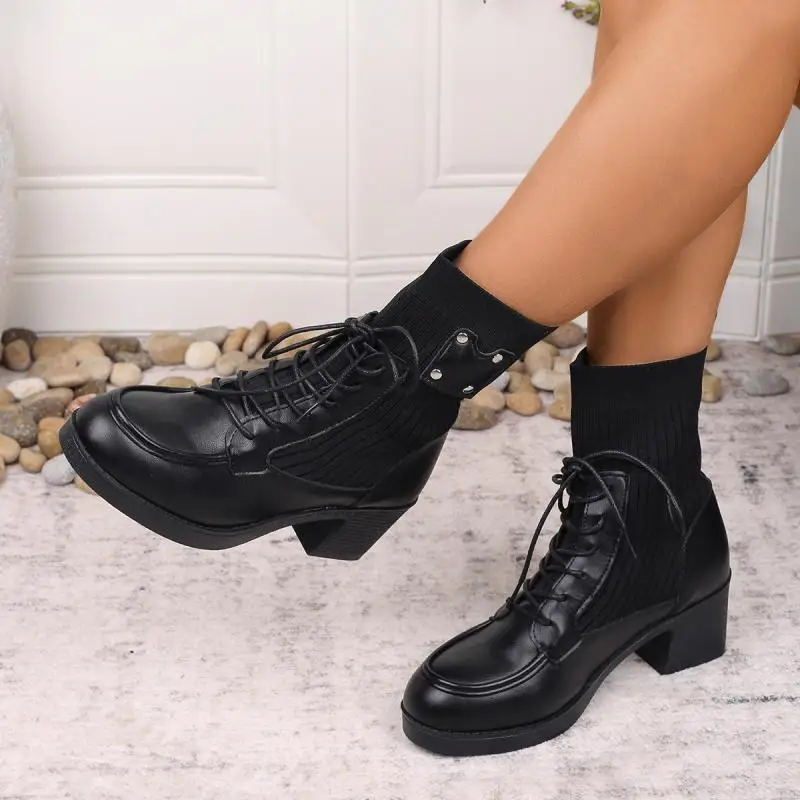 Vintage Metal Rivet Decoration Lace Up Ankle Boots Women Winter Round Toe Medium Heel Elastic Boots Elegant Solid Pu Shoes
