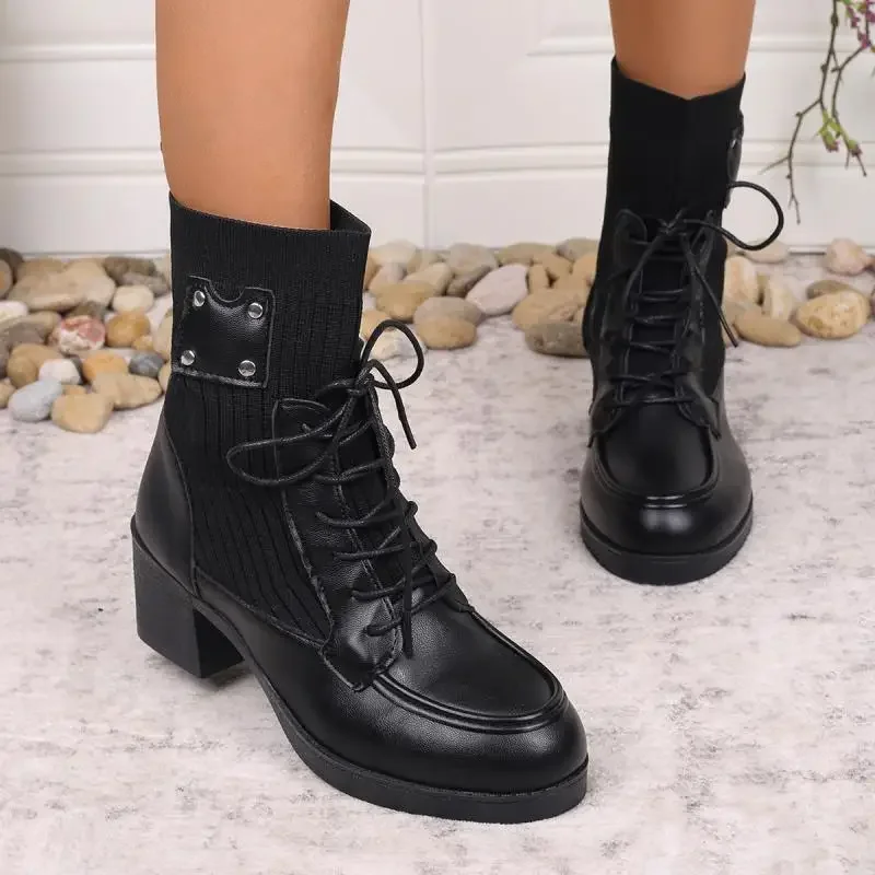 Vintage Metal Rivet Decoration Lace Up Ankle Boots Women Winter Round Toe Medium Heel Elastic Boots Elegant Solid Pu Shoes