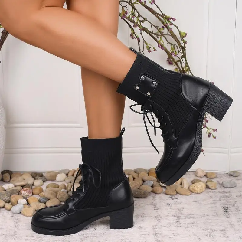 Vintage Metal Rivet Decoration Lace Up Ankle Boots Women Winter Round Toe Medium Heel Elastic Boots Elegant Solid Pu Shoes