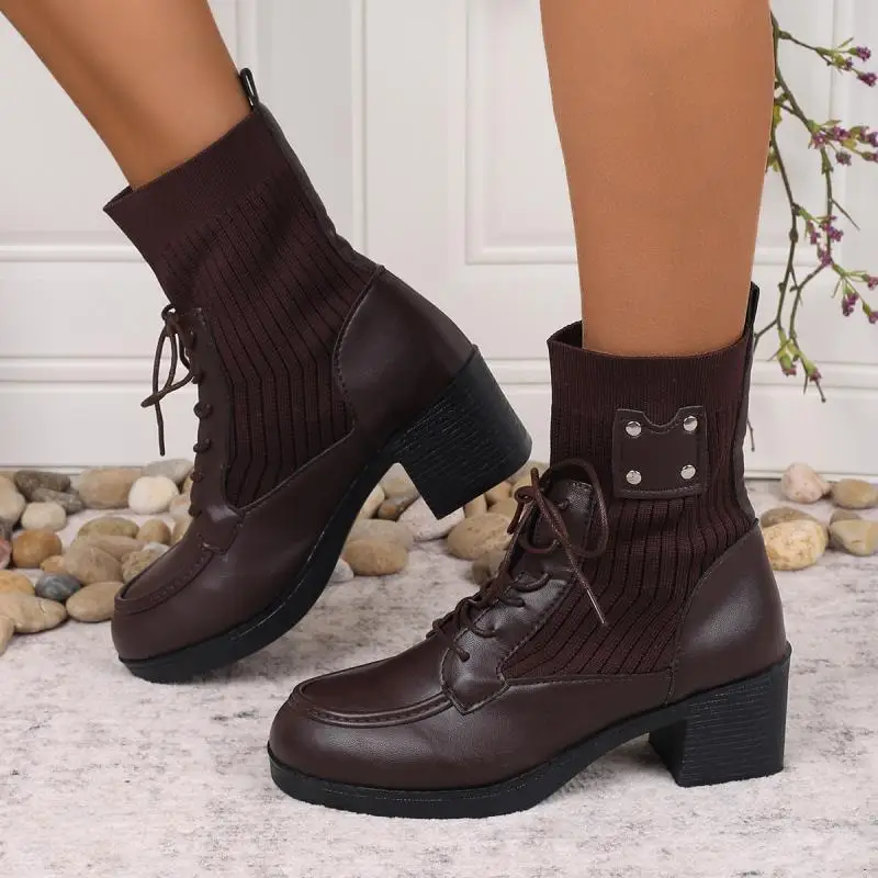 Vintage Metal Rivet Decoration Lace Up Ankle Boots Women Winter Round Toe Medium Heel Elastic Boots Elegant Solid Pu Shoes