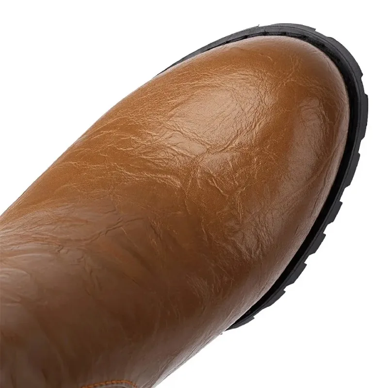 Winter Plush Slouch Buckle Belt Knee High Boots Women Chunky Heels Dress Party Ladies Brown Pleated Microfiber Zipper Long Boots