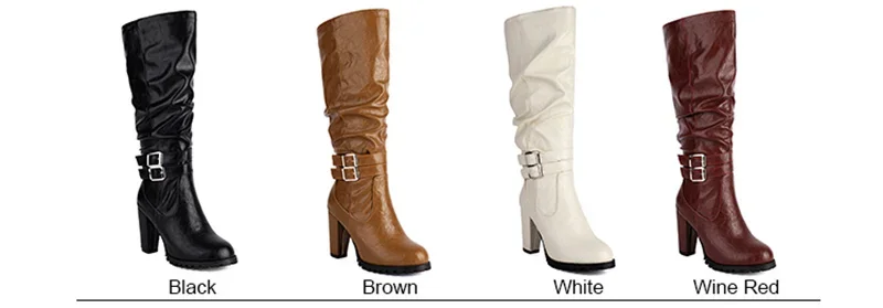 Winter Plush Slouch Buckle Belt Knee High Boots Women Chunky Heels Dress Party Ladies Brown Pleated Microfiber Zipper Long Boots