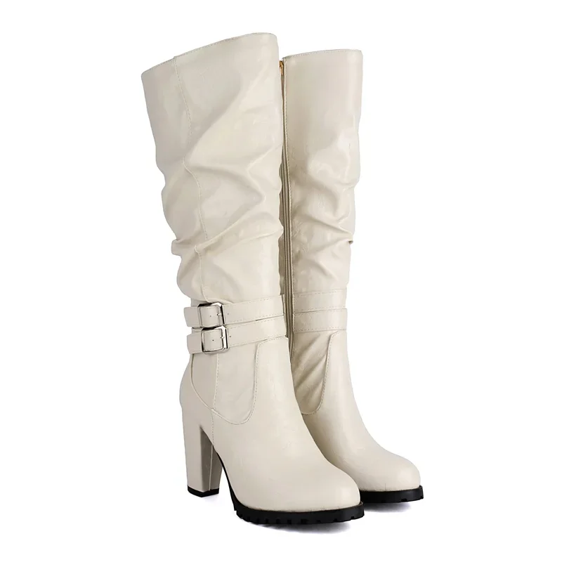 Winter Plush Slouch Buckle Belt Knee High Boots Women Chunky Heels Dress Party Ladies Brown Pleated Microfiber Zipper Long Boots